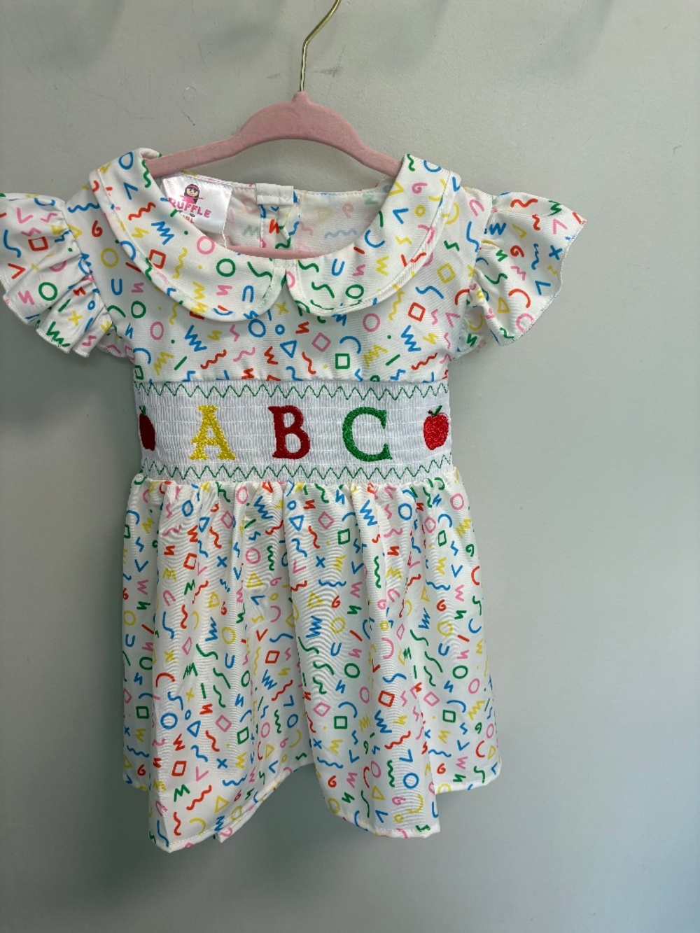 Ruffle Girl School Print Embroidered ABC Apple Dress Colorful 2T NWOT